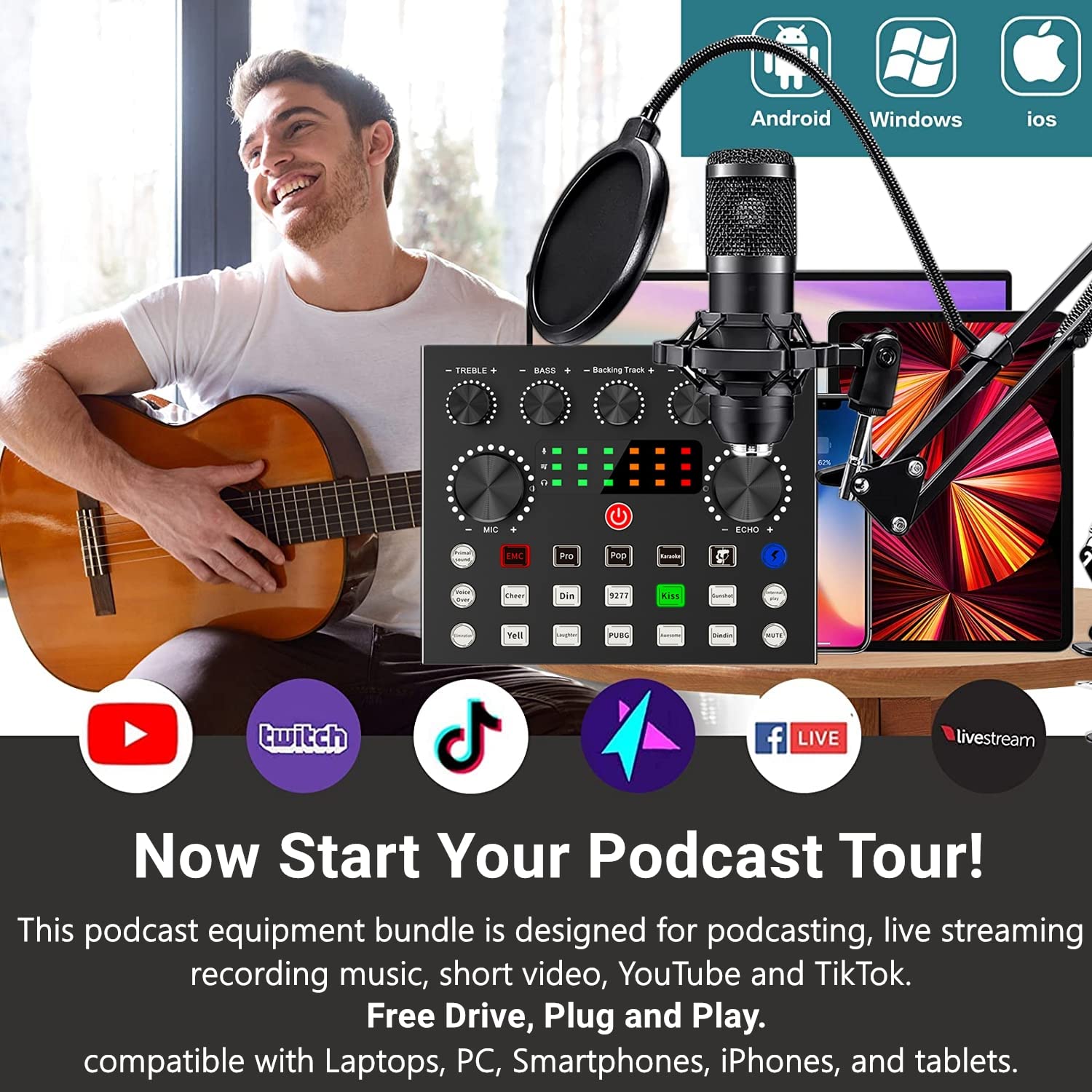 Podcast Equipment Bundle, BM800 Podcast Microphone Bundle with V8s Voice Changer, Condenser Microphone Recording Studio Package